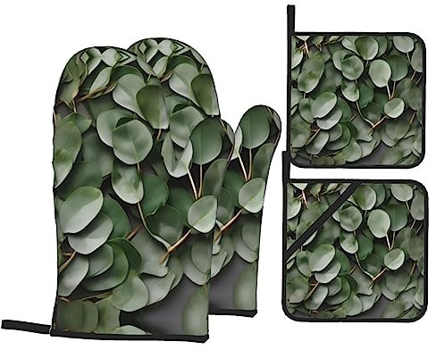 Lot de 4 gants antidérapants et gants de barbecue, gants de four isolants et supports en tissu, parfaits pour la cuisine et la cuisson des feuilles d'eucalyptus