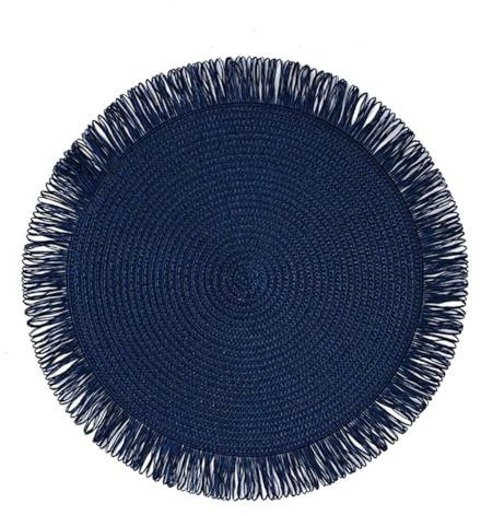 SCF2017 Lot de 4 sets de table ronds en paille de papier tissé avec pompons Bleu marine 38 cm