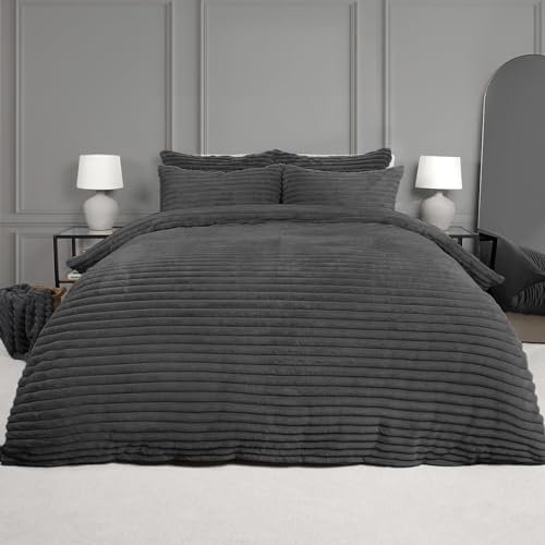 OHS Super King Duvet Cover Chunky Grey, Fluffy Teddy Bedding Super King with Pillowcases Warm Ultra Soft Reverse Fleece Teddy Duvet Set