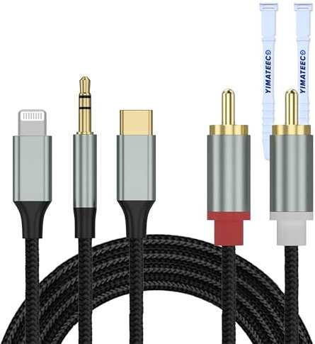 YIMATEECO RCA Cable, 3.5mm/USB Type C/Lightning to 2 RCA Audio Cable, iPhone to Phono Adapter Cables for TV, Mobile Phone, MP3, Speaker, Home Cinema, Compatible with iPhone Lightning(3In1 Audio)