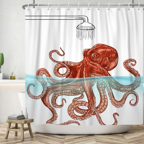 ASDCXZ Lustig Duschvorhang 180x180 cm, Modern Einfachheit Lustig Orange Oktopus Schwimmen Weiß Bad Waschbar Duschvorhänge Polyester Textil Wasserdicht Badevorhang für Badewanne mit 12 Haken