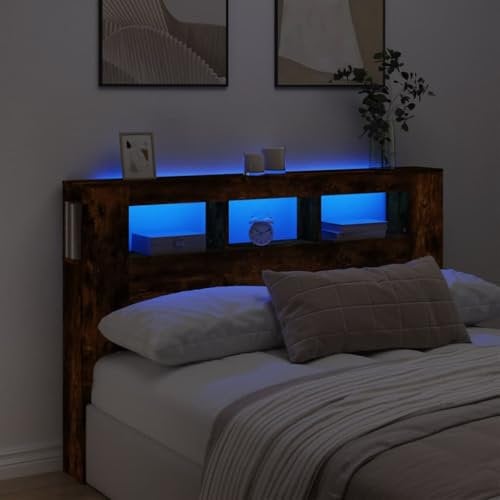 vidaXL Tête de Lit à LED, Tête de Cadre de Lit, Accessoire de Lit Double, Meuble de Chambre à Coucher Maison Intérieur, Chêne Fumé 160x18,5x103,5cm Bois d'Ingénierie