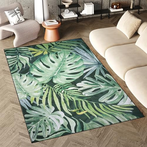 TAPISO Flannel Teppich Kurzflor Grün Mehrfarbig Waschbar rutschfest Palmenblätter Tropische Pflanzen Boho Wohnzimmer Schlafzimmer ÖKOTEX 80 x 150 cm