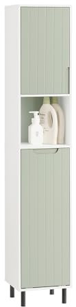 SoBuy BZR137-GR Hochschrank mit ausklappbarem Wäschesack Badezimmer Schrank Badschrank schmal Wäscheschrank Badregal Badezimmermöbel Weiß-Grün BHT ca. 31x167x30cm