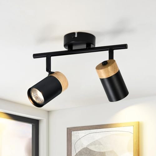 Glitzerlife Deckenstrahler Holz Deckenlampe 2 Flammig - Deckenleuchte Schwarz GU10 LED Schwenkbar 330° Spotlight für Flur Garage Wohnzimmer Schlafzimmer Küche Ohne Leuchtmittel