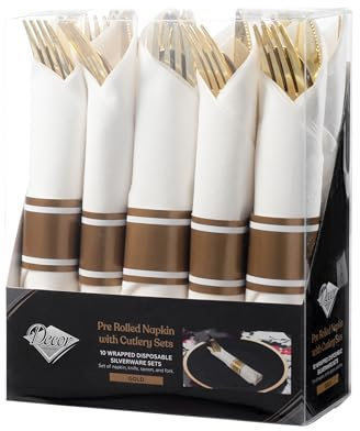 DECORLINE Couverts 10 pièces – Couverts élégants en plastique réutilisables avec serviette pré-roulée et couverts dorés - 10 fourchettes, 10 couteaux, 10 cuillères, 10 serviettes, 10 anneaux en papier