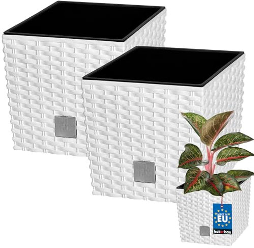 KOTARBAU® Juego de 2 macetas de 6,8 L, altura: 20 cm, color blanco, maceta de plástico con maceta interior, juego como maceta de ratán para interior y exterior