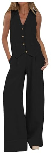 Trouser Suits for Ladies Wedding Womens Waistcoat and Trouser Set 2 Piece Set V Neck Sleeveless Button Vest Wide Leg Trouser 2 Piece Blazer Suit Summer Matching Sets Cotton Linen Pants Set