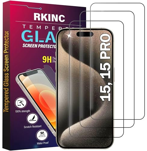RKINC Verre Trempé [Lot de 3] pour iPhone 15 / iPhone 15 Pro 6.1-Inch, Film Protection écran, Dureté 9H 0,33 mm HD Glass [Garantie à vie][sans Bulles d'air][Résistant aux rayures]