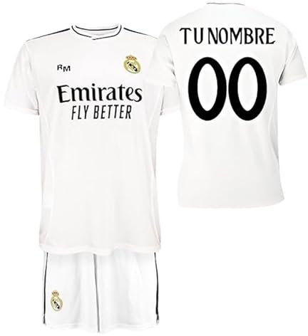 Real Madrid Conjunto Camiseta y Pantalón Personalizado de la Primera Equipación Temporada 2024-2025 - Réplica Oficial Autorizada con Licencia - Niño (FR/ES, Edad, 12 años, Regular, Blanco)