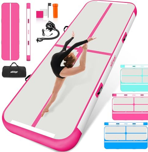 ALLPICK Turnmatte Aufblasbar mit elektrischer Luftpumpe, Länge 3/4/5/6 m Trainingsmatte, 10/20 cm hoch Tumbling Matte, Doppelseitiges Design Aufblasbar für Gymnastikmatte, Yoga -Rosa 400*100*20 cm
