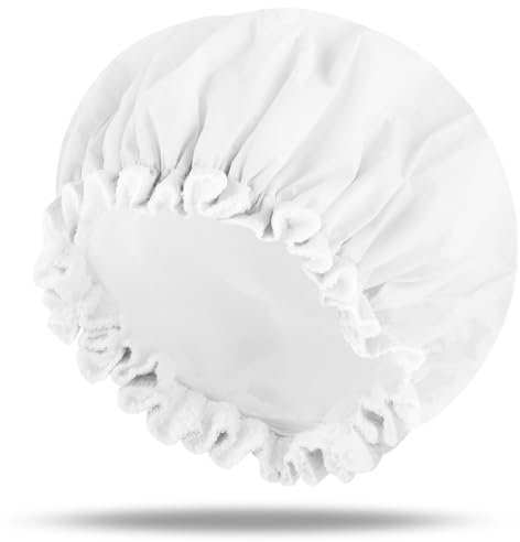 Waterproof Shower Cap Reusable Terry Cloth Lined for Women UK Elastic Band Bath Cap for Braids, Long Curly Hair, Travel Bathing Protection for Women and Men (white)