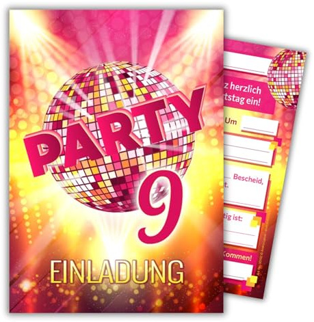 JuNa-Experten 12 Einladungskarten zum 9. Kindergeburtstag Mädchen Disco VIP coole Einladungen neunte Geburtstag Mädchengeburtstag