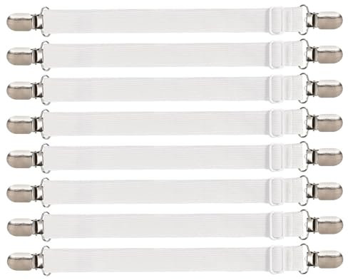 iCovalescent 8 Stück Bettlakenspanner Verstellbar(30cm-130cm), Lakenspanner mit Metallclips, Matratzenspanner für Bettlaken, Matratze, Sofa, Bügelbrett(Weiß)
