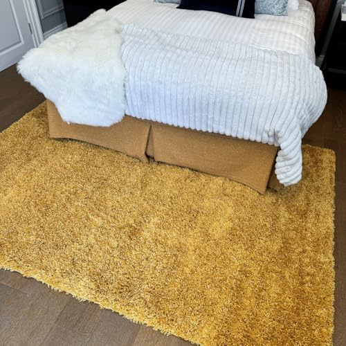 Shaggy Ochre Yellow Soft Insulating Rug High Pile Thick Solid Colour Warm Touch Living Area Bedroom Rugs 160cm x 230cm (5ft 3 x 7ft 7)