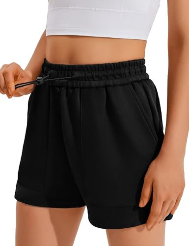 PINSPARK Kurze Hose Damen Sport Shorts Sommer Laufhose Hohe Taille Laufshorts mit Taschen Sporthose Schnelltrockene Wanderhose Running Shorts für Fitness Gym Yoga Schwarz M