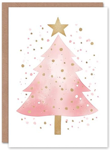 Artery8 Pink Decorated Tree Gold Star Watercolour For Child Kids Christmas Card