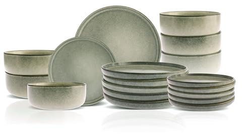 Karaca New Skal Stoneware Plates and Bowls Set, Reactive Glaze Dinner Set, Complete Kitchen Tableware Collection, Ideal Dinnerware for 6 People Dining Experience, Dishwasher Safe, 18 Piece
