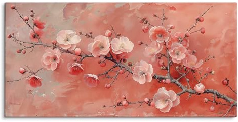 Paul Sinus Tableau mural 120 x 60 cm sur toile et cadre en bois – Jolies fleurs de cerisier en rose délicat sur fond chaud.