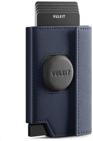 VULKIT Portefeuille Minimaliste Homme avec Étui AirTag Sécurisé 360°, Éjecteur de Cartes Pop-Up Blocage RFID, Fenêtre d'Identité, Porte Monnaie, Fermeture Magnétique - Boîte Cadeau (Bleu Marine)