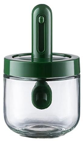 Elegant Seasoning Condiment Jar Set with Integrated Spoon – Scalable Seasoning Scoop Glass Container – Airtight Spice Jars with Lids, Glass Container for Spice, Salt, Sugar etc Ø8.15cm | H14cm (Green)