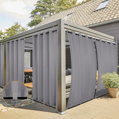2 Stücke Outdoor Vorhang Wetterfest mit Ösen, Outdoorvorhänge Balkon Vorhang Terrasse Vorhänge Outdoor Gardinen Sonnenschutz & Sichtschutz Vorhänge mit Schlaufen Unten, H213 x B132 cm - Grau