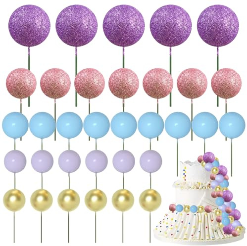 Lot de 50 boules de décoration de gâteau violettes et dorées pour décoration de gâteaux, boules arc-en-ciel pour gâteaux, mini ballons pour décoration de gâteau d'anniversaire (violet)