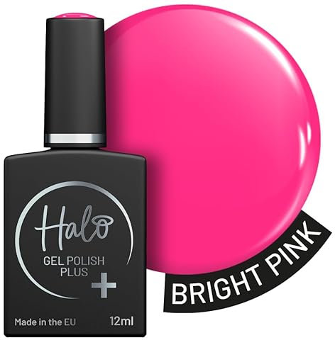 Halo Gel Polish Plus 12ml - Bright Pink. UV/LED Gel Nail Polish, Long Lasting & Easy To Apply. Nail Art Colours For Manicure & Pedicure. Hema Free Gel Polish For Professional & Home Use.