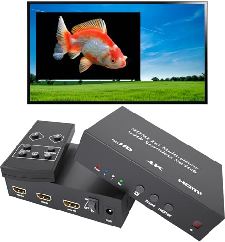 4K HDMI Multi Viewer 2 in 1 Out mit Fernbedienung - Nahtlose Umschaltung 2x1 Multi-Viewer, 2 HDMI-Eingänge (Geräte) & 1 Ausgang (Display), bis zu 4K @ 30Hz, 1080P für PS4, PC, DVD, Überwachungskamera