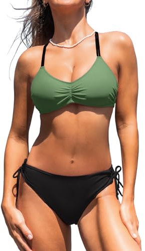 CUPSHE Conjunto de bikini para mujer, tirantes trenzados, con cordones, parte inferior reversible, traje de baño de dos piezas, verde oscuro, S
