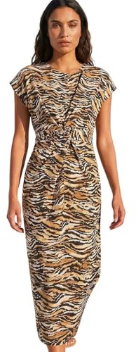 Roman Originals Animal Print Twist Midi Dress for Women UK - Ladies Everyday Holiday Spring Summer Round Neckline Comfy Soft Evening Vacation Work Party - Tan - Size 12