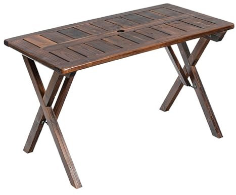 Table de jardin rectangulaire en bois massif carbonisé avec trou pour parasol et table amovible, idéale pour pique-nique, camping, balcon, salle à manger en plein air