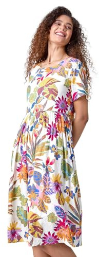 Roman Originals Floral Print Cotton Dress for Women UK - Ladies Everyday Holiday Spring Summer Round Neckline Comfy Soft Evening Vacation Work Party - Green Floral - Size 14