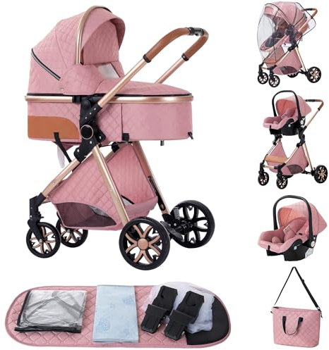 ALYIKOU trio passeggino neonati in offerta fino 25 kg,Carrozzina reversibile fronte mamma e strada, Pieghevole,Con borsa mamma, portabicchieri, copertura antipioggia