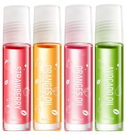 Fruit Lip Oil Set, Lip Roller Lip Plumping Formula, Peach, Strawberry, Avocado & Orange Hydrating Lip Treatment for Dull, Dry Lips, Gently Nourishes Moisturizing Lip Care