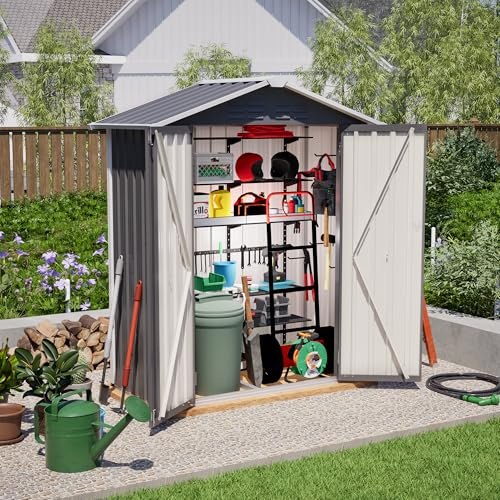 154x83x180cm Garten Gartenschrank Metall, Gartenhaus Metall mit Belüftungslöchern, Inkl. Metallfundament, Abschließbare Tür, Wetterfest Geräteschuppen für Gartengeräte(Grau)