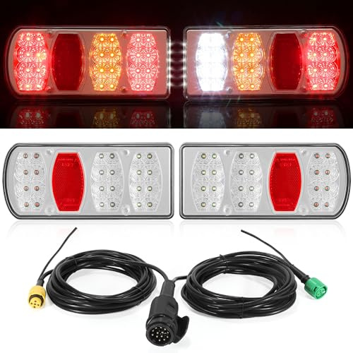 DARKGUARD Anhänger Beleuchtung LED Rückleuchten Set 13polig 12V/24V, 7-Funktionen(Blinker/Bremslicht/Rückfahrlicht/Nebel/Kennzeichen), 5P Bajonett, 5,5M Konfektioniertes Kabel + 25cm Extra, ECE IP65