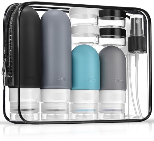 Travel Bottles for Toiletries, Lychico CAA Approved 16 PCS Travel Size Containers with Labels & Leak-Proof Lids, Refillable Silicone Squeeze Tubes, Jars & Spray Bottles for Shampoo Lotion