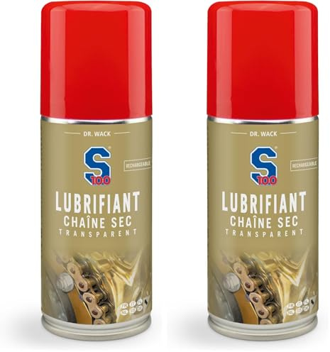 Dr. Wack - S100 Dry Lube Spray pour chaîne de Moto 100 ML - Rechargeable - Lubrifiant Sec - Protège Contre l'usure & la Corrosion - Lubrifie la chaîne & réduit Les frottements - Entretien Premium