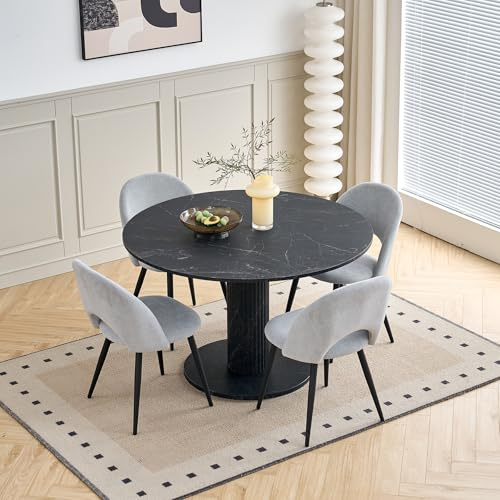 DEYARNA HOME 115cm Runder Esstisch mit 4 Esstischstühlen, Küchentisch aus MDF (Marmor-Imitat-Optik) und 4 Gepolsterte Stühle für Küche, Esszimmer, Wohnzimmer (Schwarzer Tisch + Graue Stühle)