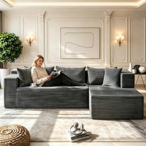 Garvee Ecksofa L-Form mit Récamiere, 268cm Cord Couch, Vakuum Komprimiertes Schaumstoff Sofa, Breitripp Cordsofa 3-Sitzer, Modulsofa Ohne Montage, Ergonomisches Wolkensofa Grau