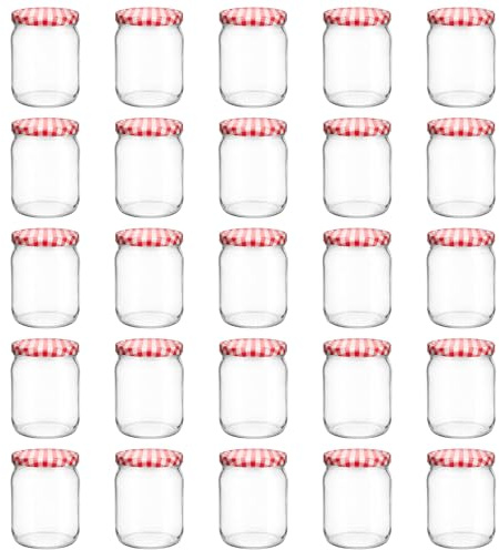 hocz 25x Einmachgläser 500 ml | mit Deckel Rot Kariert TO 82 | leere Gläser mit Schraubdeckel zum befüllen | Sturzgläser, Schraubgläser, Marmeladengläser Set | 25 Stück