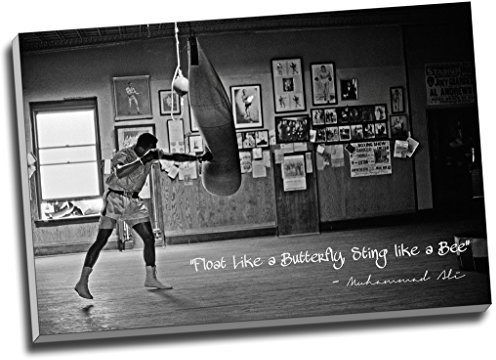 Leinwanddruck, Motiv Muhammad Ali Champion, Zitat Float Like A Butterfly (Schwebe wie ein Schmetterling), 76,2 x 50,8 cm, Schwarz / Weiß