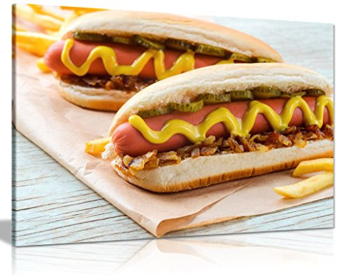 American Hot Dogs With Sausage Grilled Onions And Mustard Fast Food Takeway Canvas Wall Art Picture Print (12X8)