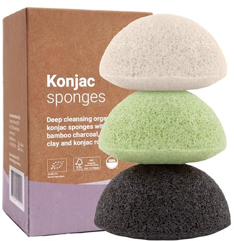 Vove Bio-Konjac-Schwämme, 3er-Pack, kompostierbar, sanfte Gesichtsreinigung, Holzkohle und französischer Ton, sanftes Gesichtspeeling, alle Hauttypen, wiederverwendbar und nachhaltig, Waschschwamm für