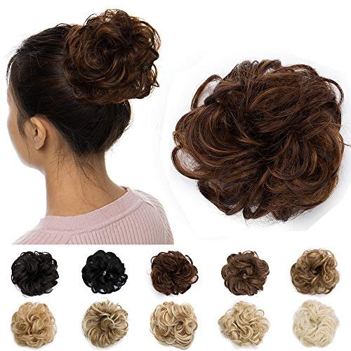 Silk-co Haarteil mit Gummiband, Dutt mit Haaren Gewellt Weich Dutt Haarteil mit Gummiband 25 g, Gelockt Haarverdickung Hair Extensions Messy Bun Hochsteckfrisuren Hellrotbraun & Dunkelbraun
