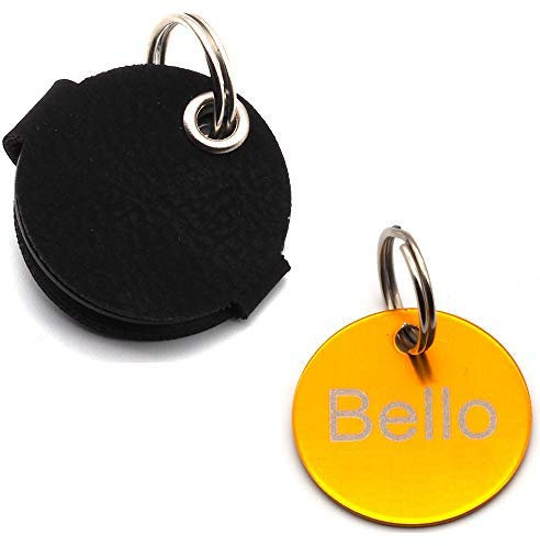 Hundemarkentasche mit Druckknopf Gravur | Blau, Schwarz, Rot, Gelb | gefertigt aus Kunstleder | mit beidseitig gravierter Hundemarke | Durchmesser ca. Ø30mm | Platz für Steuermarke (Gelb)