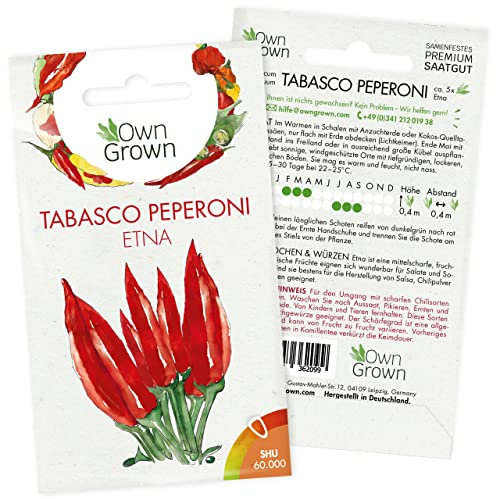 Peperoni Samen Tabasco Etna: 5 Premium Peperoni Tabasco Samen zum Anbau von Peperoni Pflanzen für Balkon, Kübel und Garten – Sorte Etna Peperoni scharf – Zertifizierte Pepperoni Samen von OwnGrown
