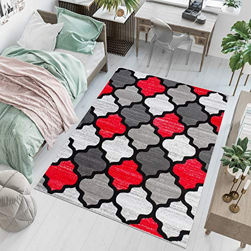 TAPISO Pinky Teppich Kurzflor Rot Grau Creme Schwarz Modern Geometrisch Marokkanisch Meliert Design Kinderzimmer Wohnzimmer ÖKOTEX 80 x 150 cm