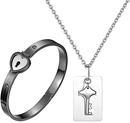 Flongo Paar Schmuck Set Schloss armbänder und Schlüssel Ketten Schmuck für Paare Armbänder und Halsketten aus Edelstahl Gepaarte Schlüssel und Schlösser Liebesbeweis Liebhaber Geschenk
